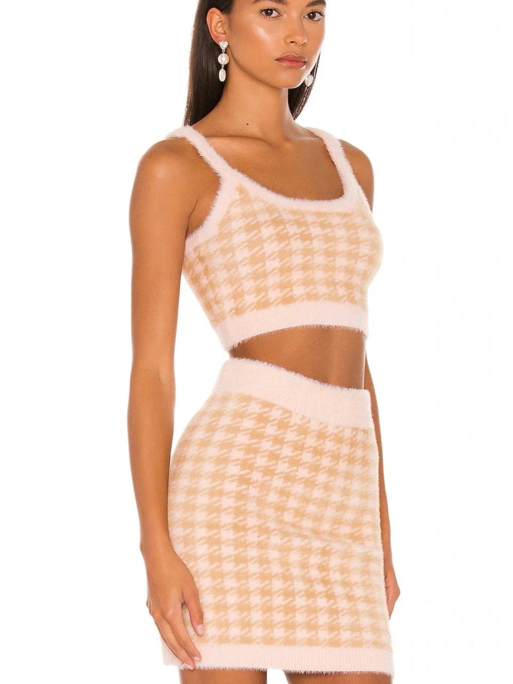 For Love And Lemons Blush Houndstooth Fuzzy Crop Top M & Mini Skirt L Set